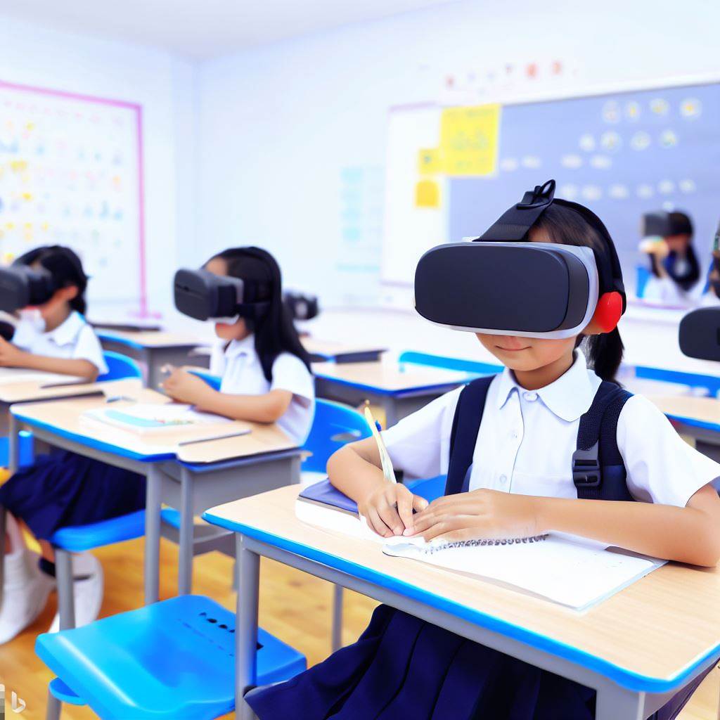 Von Dall-E 2 generiertes Bild, das Kinder, die ein VR-Headset tragen, in der Schule zeigt.